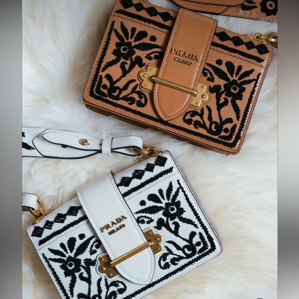 ISO Prada Calfskin Embroidered Cahier Bag Caramel Black